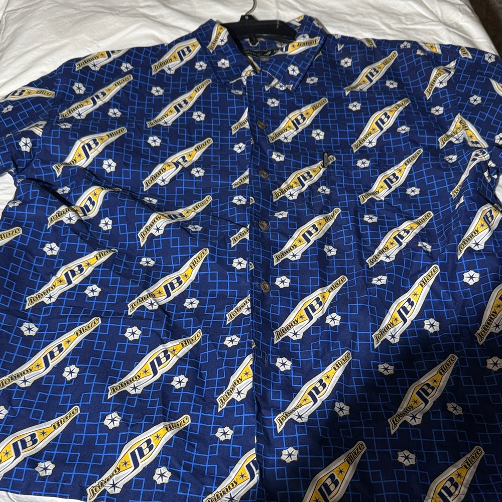 Vintage Johnny Blaze All Over Print Blue Graphic Button-Up Shirt